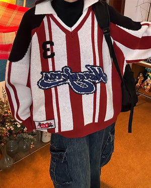 VILZSTUDIOS Retro varsity style knit sweater with stripes and patch