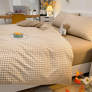 VILZSTUDIOS Beige, mint, blue, rose and mustard check or stripe bedding set with coordinating solid reverse