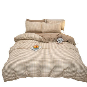 VILZSTUDIOS Beige, mint, blue, rose and mustard check or stripe bedding set with coordinating solid reverse