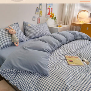 VILZSTUDIOS Beige, mint, blue, rose and mustard check or stripe bedding set with coordinating solid reverse