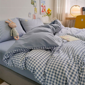 VILZSTUDIOS Beige, mint, blue, rose and mustard check or stripe bedding set with coordinating solid reverse