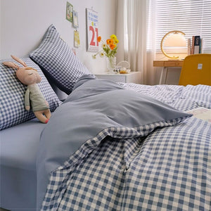 VILZSTUDIOS Beige, mint, blue, rose and mustard check or stripe bedding set with coordinating solid reverse