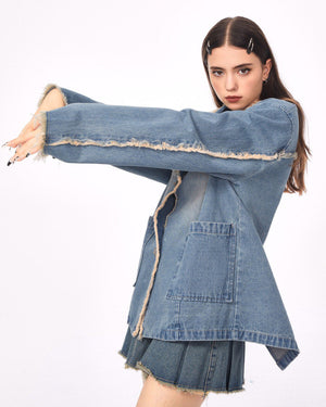 VILZSTUDIOS Ripped denim blazer with butterfly pin and frayed edges