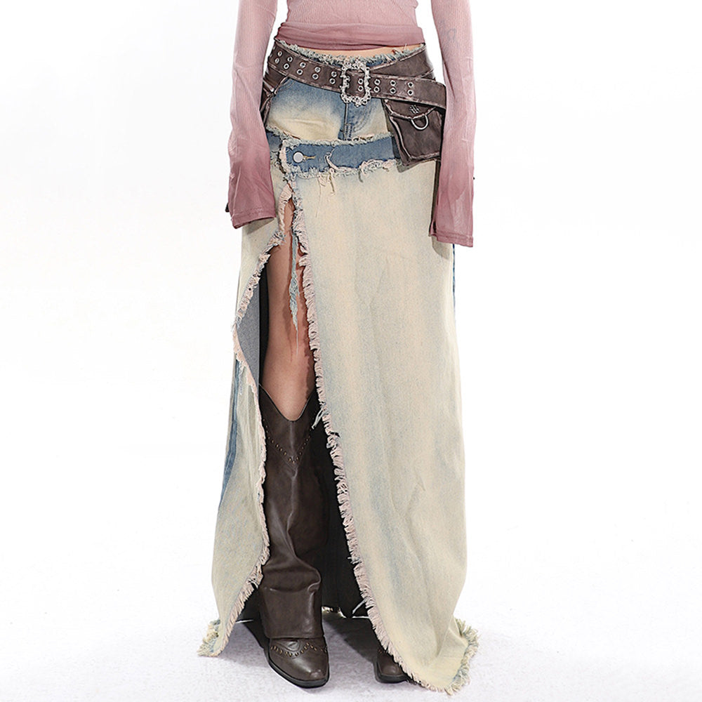 VILZSTUDIOS Denim maxi skirt with ripped design
