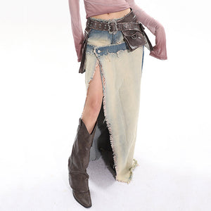 VILZSTUDIOS Denim maxi skirt with ripped design