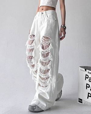 VILZSTUDIOS Ripped lace wide-leg jeans from VILZSTUDIOS