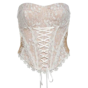 VILZSTUDIOS Lace corset top with floral embroidery and satin ribbon