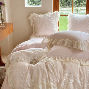 VILZSTUDIOS blue, blush pink or wine red rose embroidered bedding set with layered ruffles