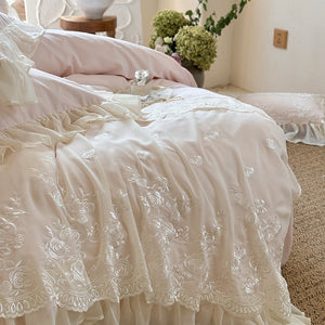 VILZSTUDIOS blue, blush pink or wine red rose embroidered bedding set with layered ruffles