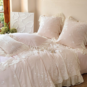 VILZSTUDIOS blue, blush pink or wine red rose embroidered bedding set with layered ruffles