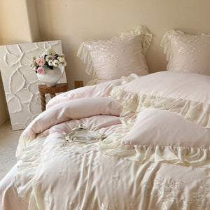 VILZSTUDIOS blue, blush pink or wine red rose embroidered bedding set with layered ruffles
