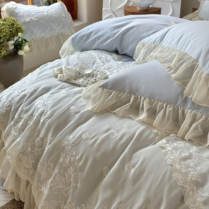 VILZSTUDIOS blue, blush pink or wine red rose embroidered bedding set with layered ruffles