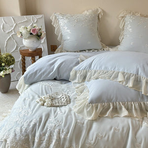 VILZSTUDIOS blue, blush pink or wine red rose embroidered bedding set with layered ruffles