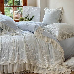 VILZSTUDIOS blue, blush pink or wine red rose embroidered bedding set with layered ruffles