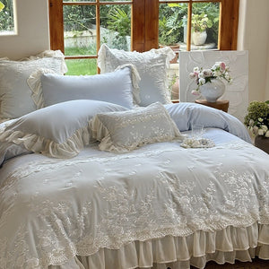 VILZSTUDIOS blue, blush pink or wine red rose embroidered bedding set with layered ruffles