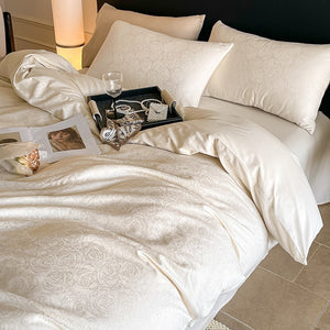 VILZSTUDIOS champagne rose jacquard satin duvet cover set with matching pillowcases