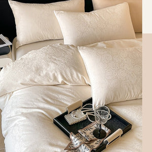 VILZSTUDIOS champagne rose jacquard satin duvet cover set with matching pillowcases