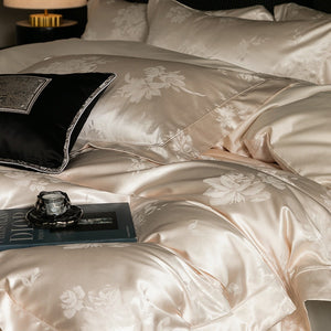 VILZSTUDIOS champagne cream or blush pink satin bedding set with woven roses and wide-flanged pillowcases
