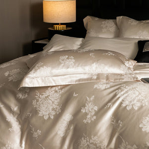 VILZSTUDIOS champagne cream or blush pink satin bedding set with woven roses and wide-flanged pillowcases