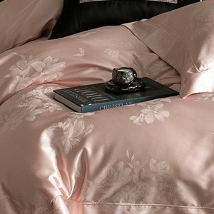 VILZSTUDIOS champagne cream or blush pink satin bedding set with woven roses and wide-flanged pillowcases