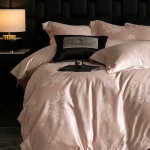 VILZSTUDIOS champagne cream or blush pink satin bedding set with woven roses and wide-flanged pillowcases