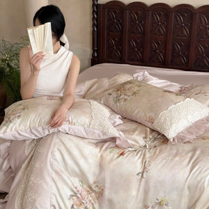 VILZSTUDIOS Pale sage and cream rose print duvet cover set with scalloped floral lace and gathered ruffle edges