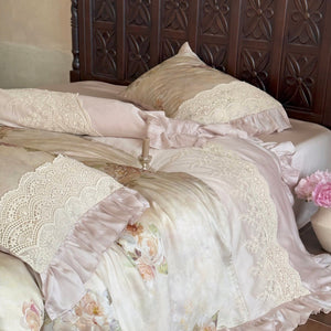 VILZSTUDIOS Pale sage and cream rose print duvet cover set with scalloped floral lace and gathered ruffle edges