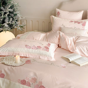 VILZSTUDIOS pastel pink or light blue rose and celestial embroidered bedding set with contrast borders and ruffled edges