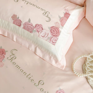 VILZSTUDIOS pastel pink or light blue rose and celestial embroidered bedding set with contrast borders and ruffled edges