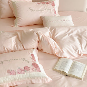 VILZSTUDIOS pastel pink or light blue rose and celestial embroidered bedding set with contrast borders and ruffled edges