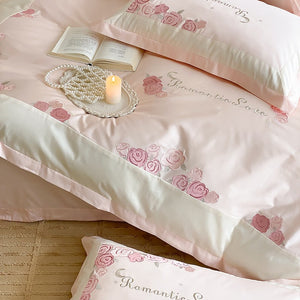 VILZSTUDIOS pastel pink or light blue rose and celestial embroidered bedding set with contrast borders and ruffled edges