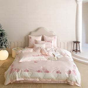 VILZSTUDIOS pastel pink or light blue rose and celestial embroidered bedding set with contrast borders and ruffled edges