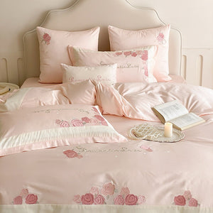 VILZSTUDIOS pastel pink or light blue rose and celestial embroidered bedding set with contrast borders and ruffled edges