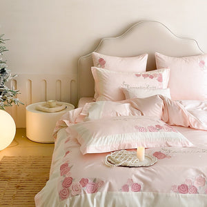 VILZSTUDIOS pastel pink or light blue rose and celestial embroidered bedding set with contrast borders and ruffled edges