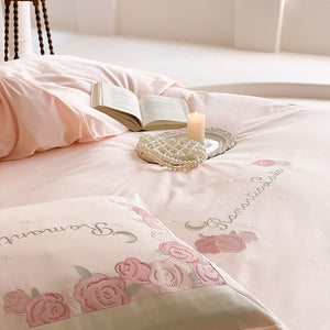 VILZSTUDIOS pastel pink or light blue rose and celestial embroidered bedding set with contrast borders and ruffled edges