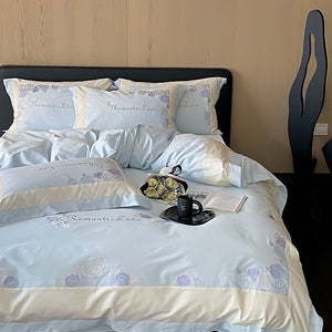 VILZSTUDIOS pastel pink or light blue rose and celestial embroidered bedding set with contrast borders and ruffled edges