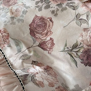 VILZSTUDIOS blush pink rose panel bedding set with contrasting ladder lace and ruffled borders