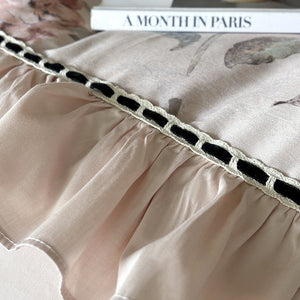VILZSTUDIOS blush pink rose panel bedding set with contrasting ladder lace and ruffled borders
