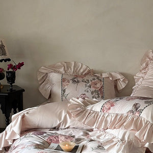 VILZSTUDIOS blush pink rose panel bedding set with contrasting ladder lace and ruffled borders