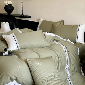 VILZSTUDIOS olive green, pastel pink and ivory white rose-embroidered duvet cover set with white ruffles and contrast piping