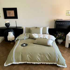 VILZSTUDIOS olive green, pastel pink and ivory white rose-embroidered duvet cover set with white ruffles and contrast piping