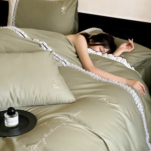 VILZSTUDIOS olive green, pastel pink and ivory white rose-embroidered duvet cover set with white ruffles and contrast piping