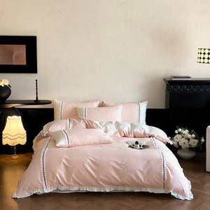 VILZSTUDIOS olive green, pastel pink and ivory white rose-embroidered duvet cover set with white ruffles and contrast piping