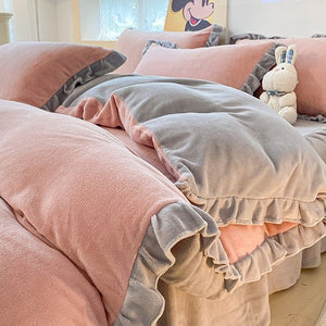 VILZSTUDIOS pastel and neutral fleece bedding set with contrasting gathered ruffle borders