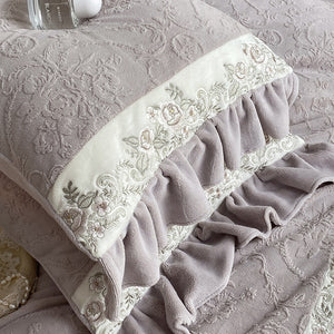 VILZSTUDIOS mauve-lavender, ivory cream or sage green bedding set with raised damask, embroidered cream borders and ruffle trim