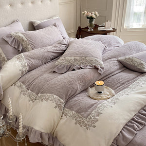 VILZSTUDIOS mauve-lavender, ivory cream or sage green bedding set with raised damask, embroidered cream borders and ruffle trim
