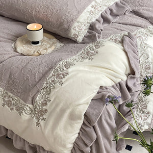 VILZSTUDIOS mauve-lavender, ivory cream or sage green bedding set with raised damask, embroidered cream borders and ruffle trim