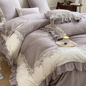 VILZSTUDIOS mauve-lavender, ivory cream or sage green bedding set with raised damask, embroidered cream borders and ruffle trim