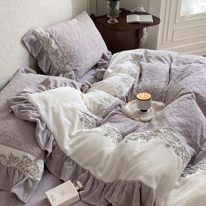 VILZSTUDIOS mauve-lavender, ivory cream or sage green bedding set with raised damask, embroidered cream borders and ruffle trim