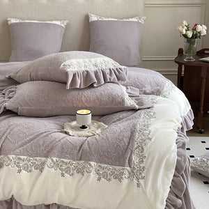 VILZSTUDIOS mauve-lavender, ivory cream or sage green bedding set with raised damask, embroidered cream borders and ruffle trim